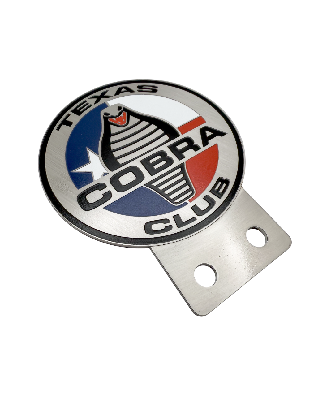 Car club plaque produced using stainless steel, chemical etching with the recessed areas filled with red, white and blue automotive grade paint.