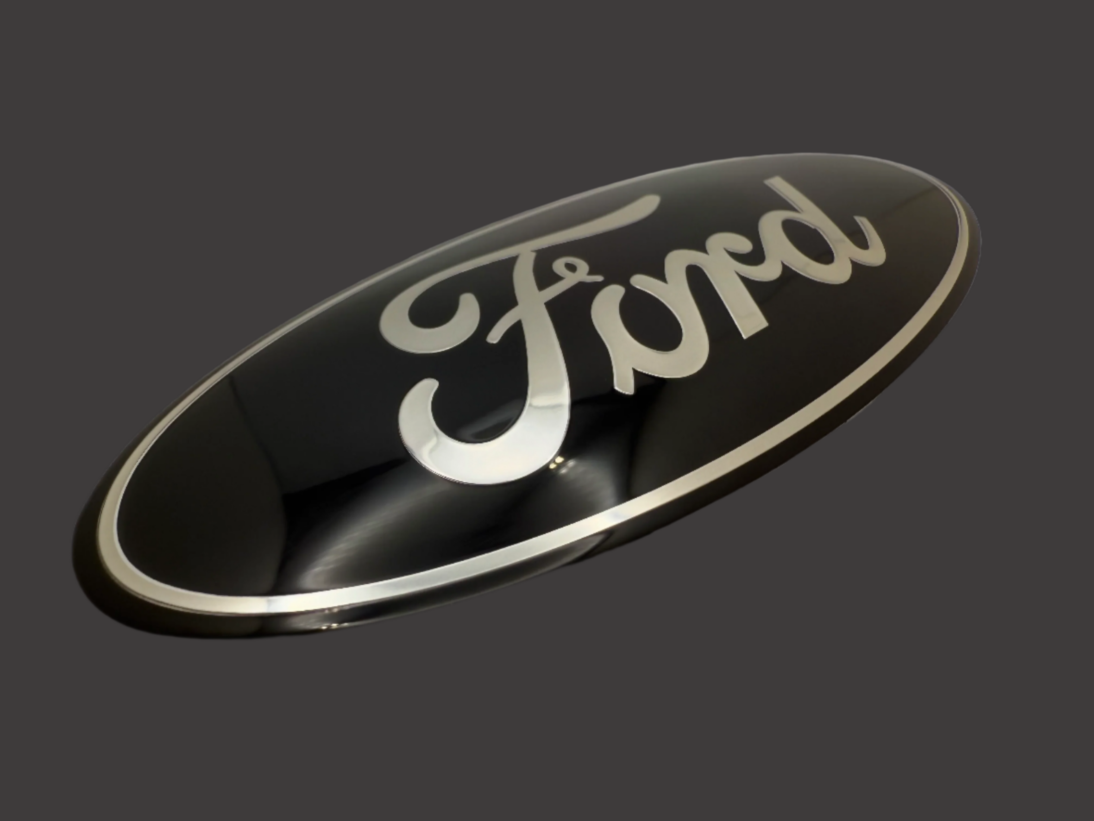 Mirror aluminum car badge with printed surface and embossed FORD and border