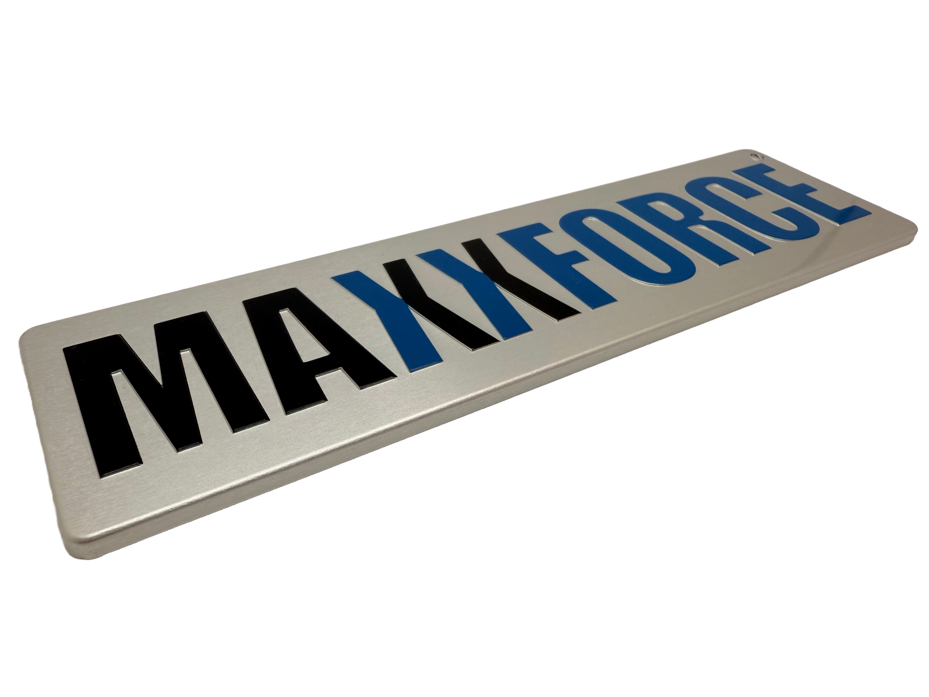 Screen printed aluminum nameplate in black and blue for the commercial truck industry with embossed text