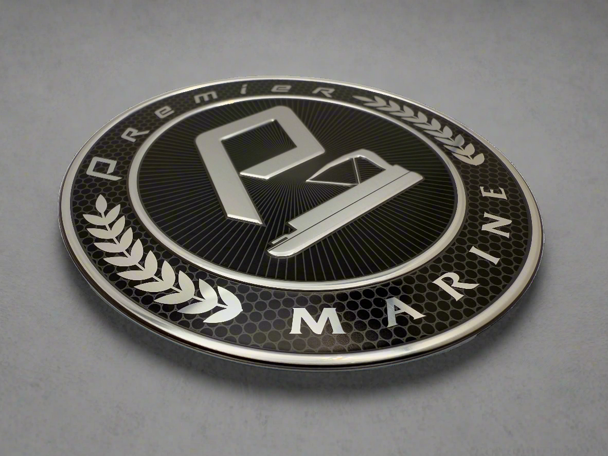 Marine industry aluminum badge with printed surface and embossed design