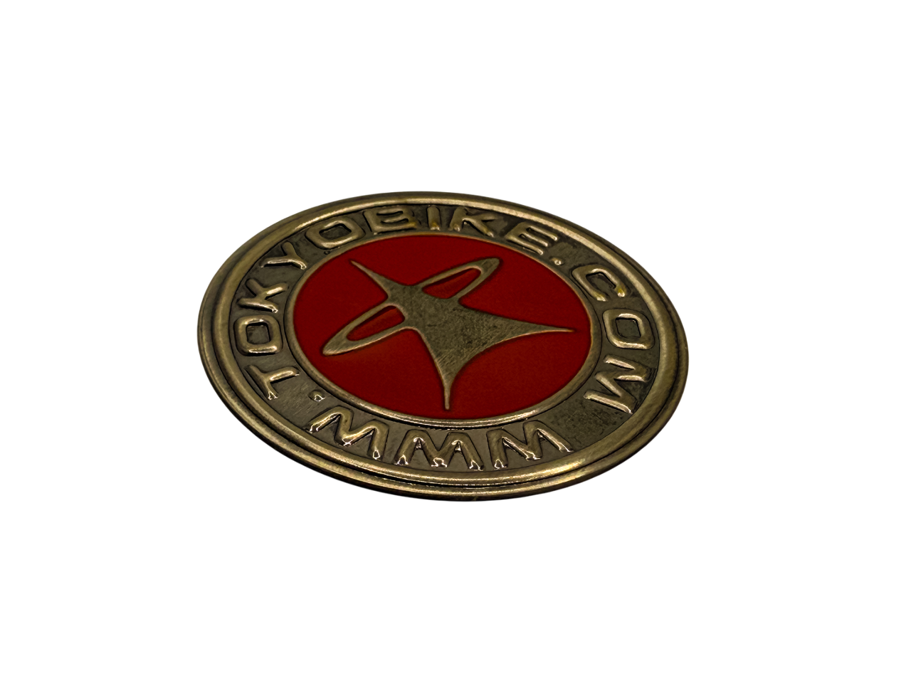 Brass badge with embossing, plating and injected paint into recessed middle area.