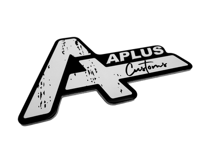 Black and white screen printed aluminum nameplate for automotive aftermarket branding