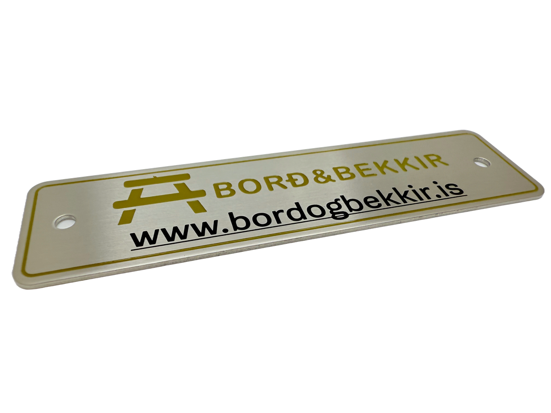 Bench and seating labels produced using stainless steel and etching for branding