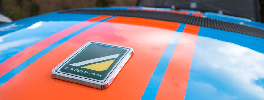 Beautifully embossed dome badge on the hood of a sports car