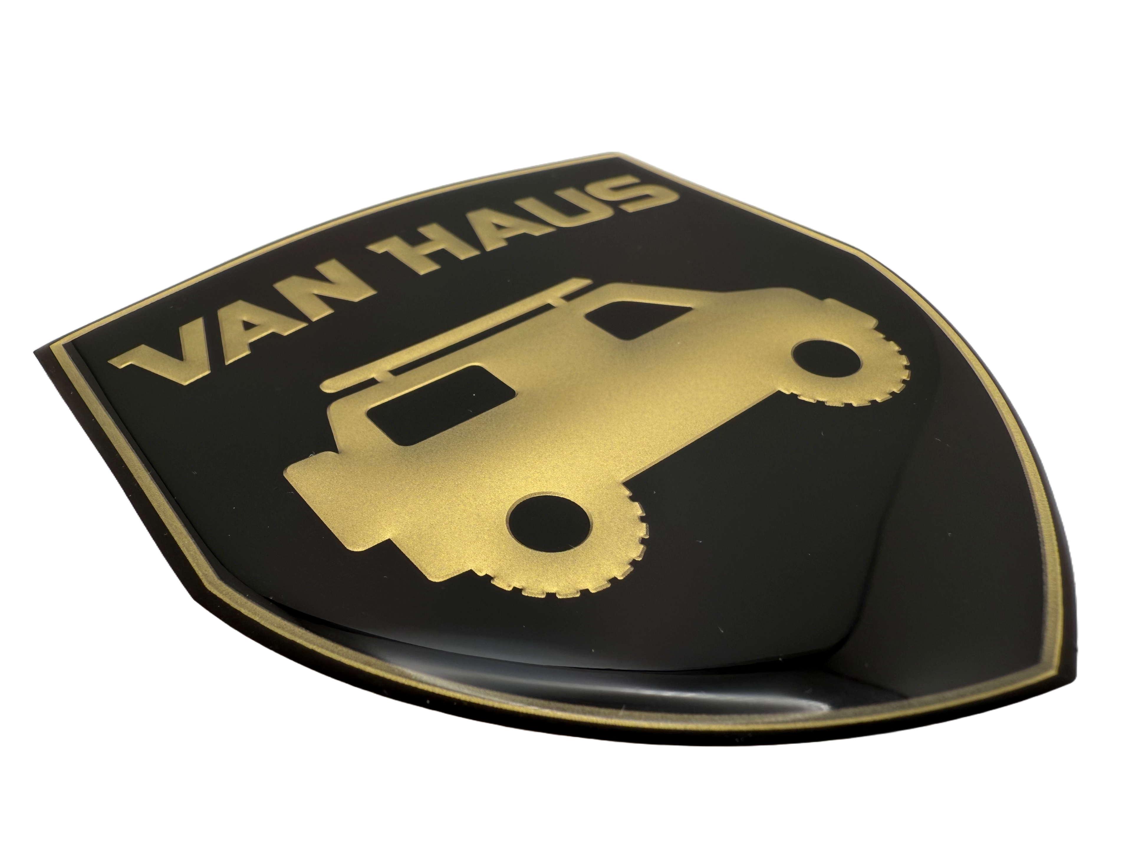 Domed badge for the RV industry. Printed and embossed gold logo.