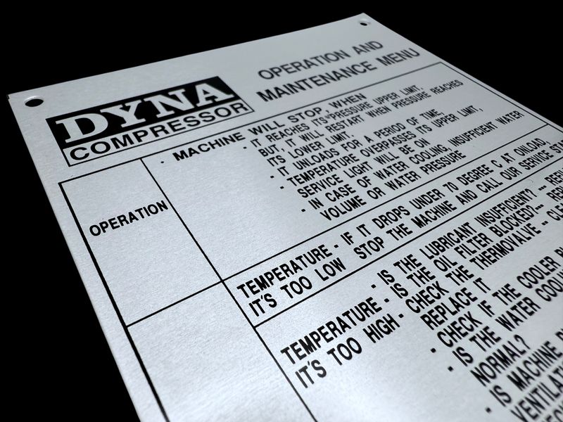 Printed informational nameplate for equipment