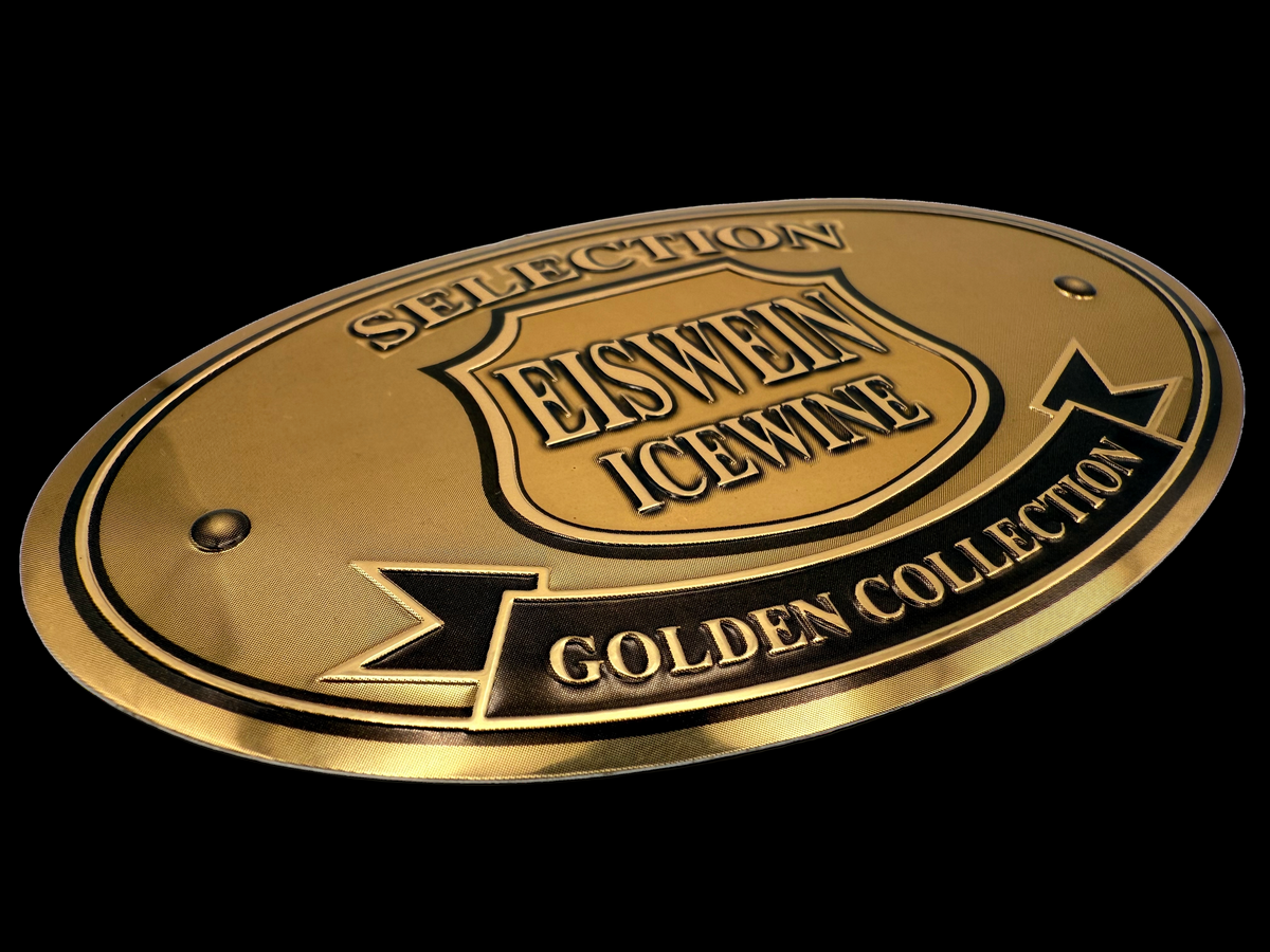 Eiswein Icewine aluminum label manufactured using screen printing and embossing. 