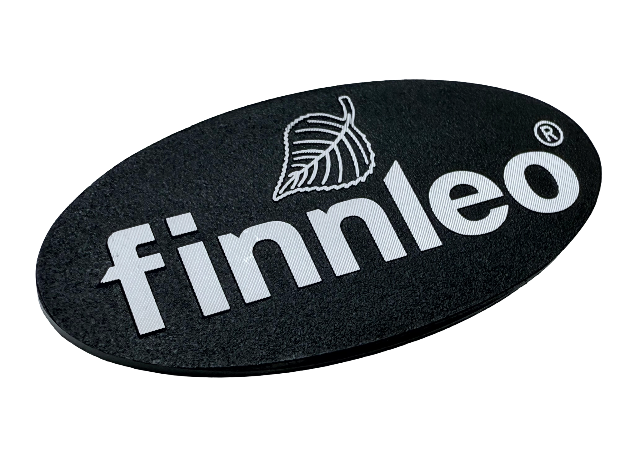 Formed aluminum electronics badge with brushing and painting.