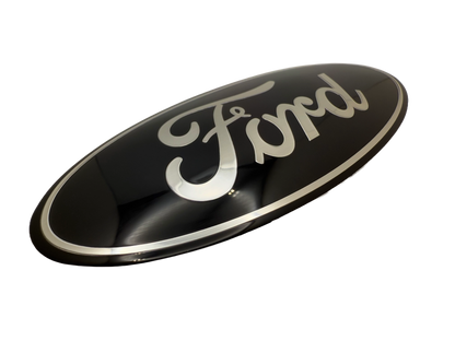 Mirror aluminum car badge with printed surface and embossed FORD and border