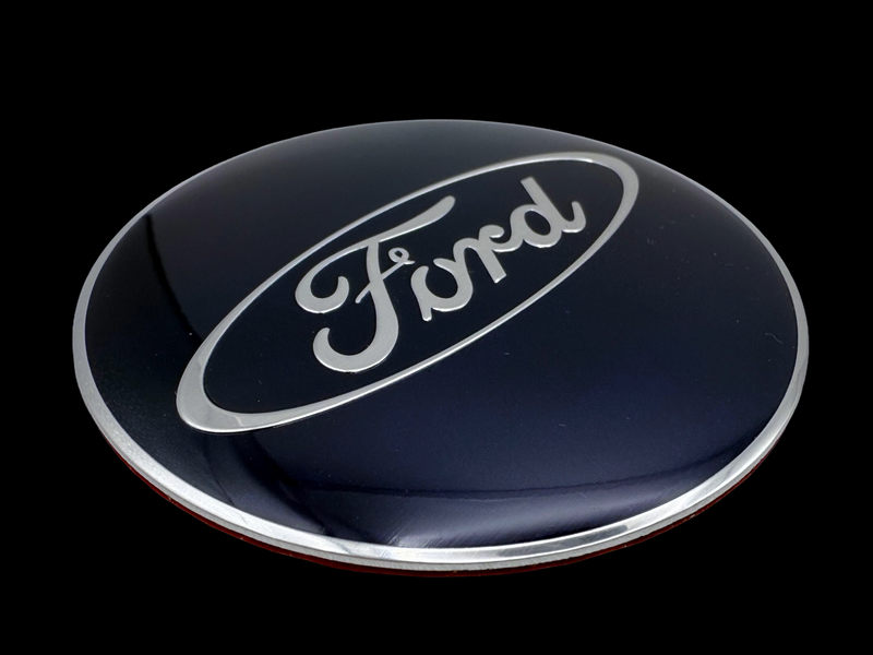 Domed car badge for Ford made with an aluminum base and printing