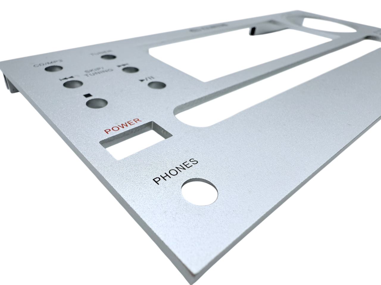 Custom metal front panel with rectangular and circular cutouts, and printed 'Power' and 'Phones' control legends