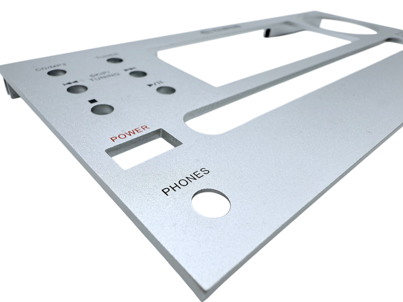 Custom metal faceplate with cut outs and printing. 