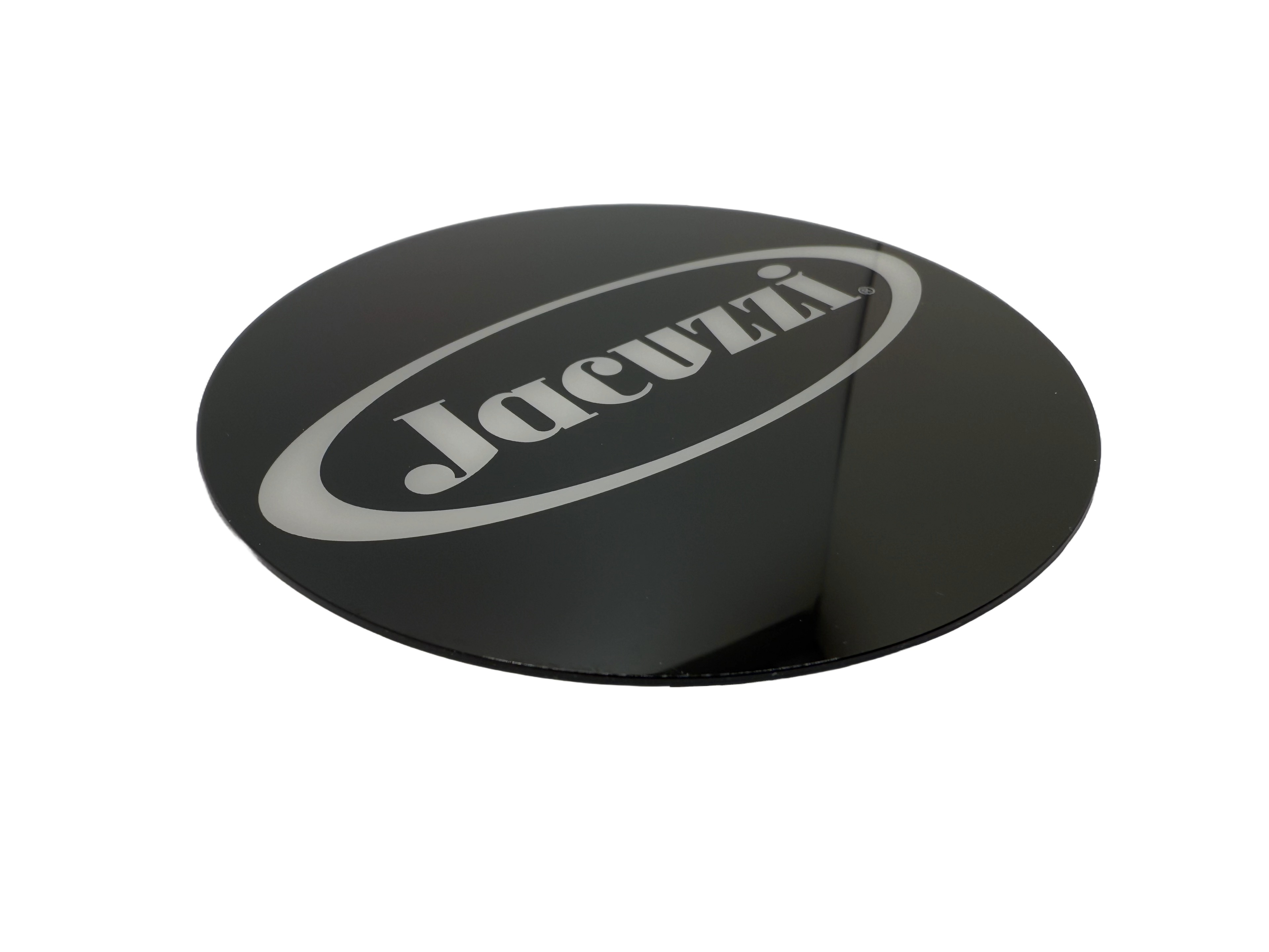 Interior furniture labels produced using transparent acrylic with screen printed black background and white logo