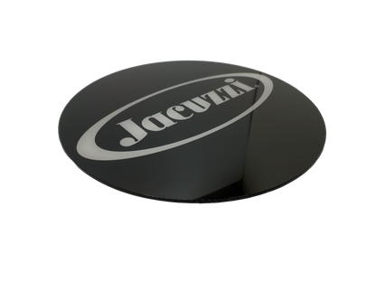 Interior furniture labels produced using transparent acrylic with screen printed black background and white logo