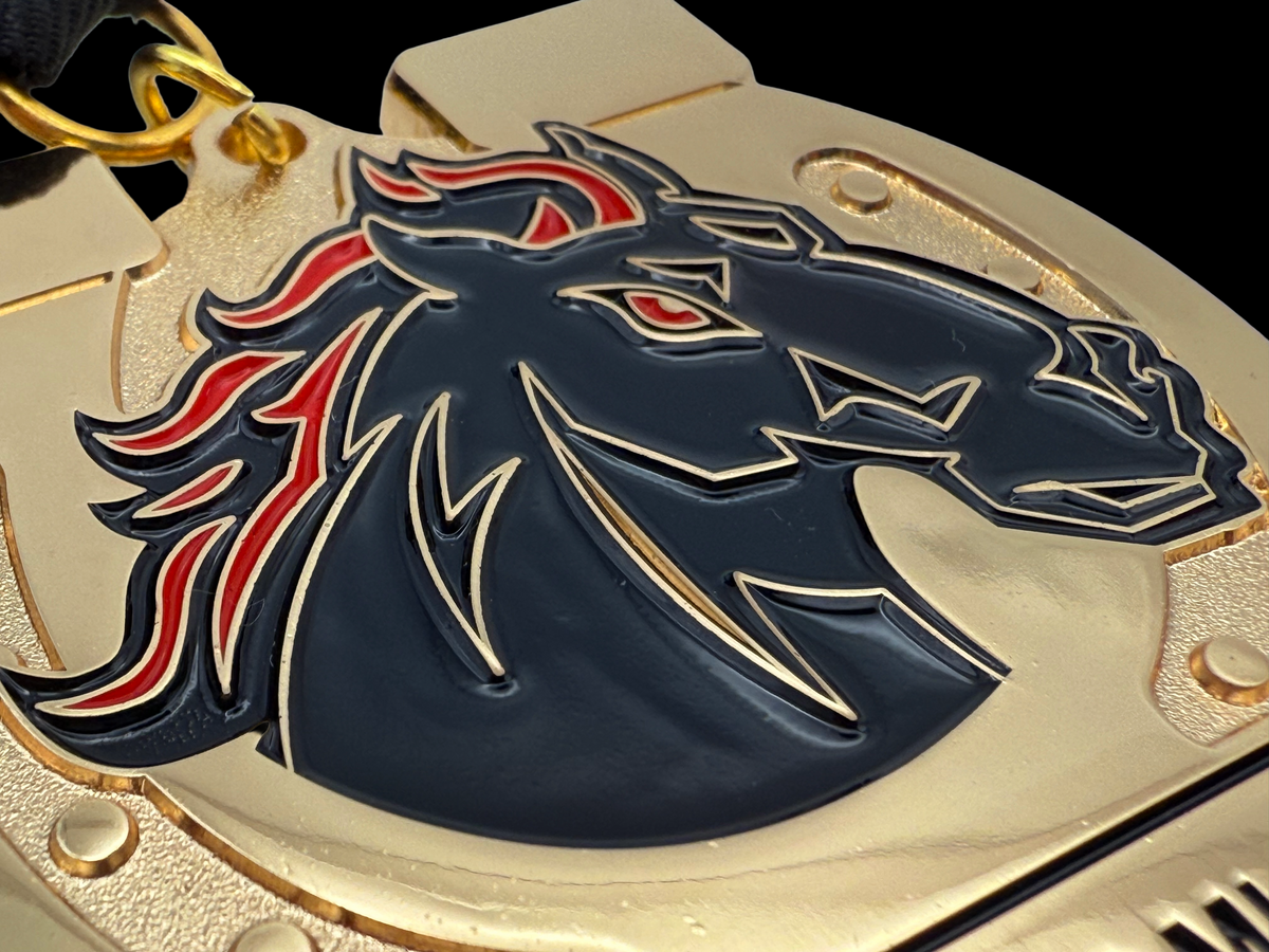 Medal  in the shape of a horseshoe fabricated for a public school with a mustang in the middle and soft enamel filling. Horseshoe is plated in gold. 