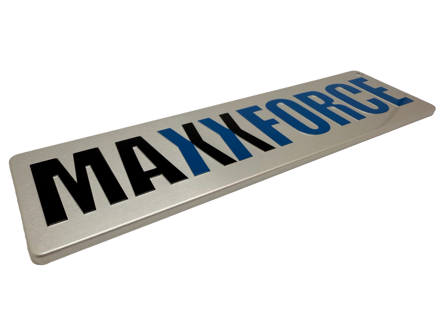 Screen printed aluminum nameplate in black and blue for the commercial truck industry with embossed text