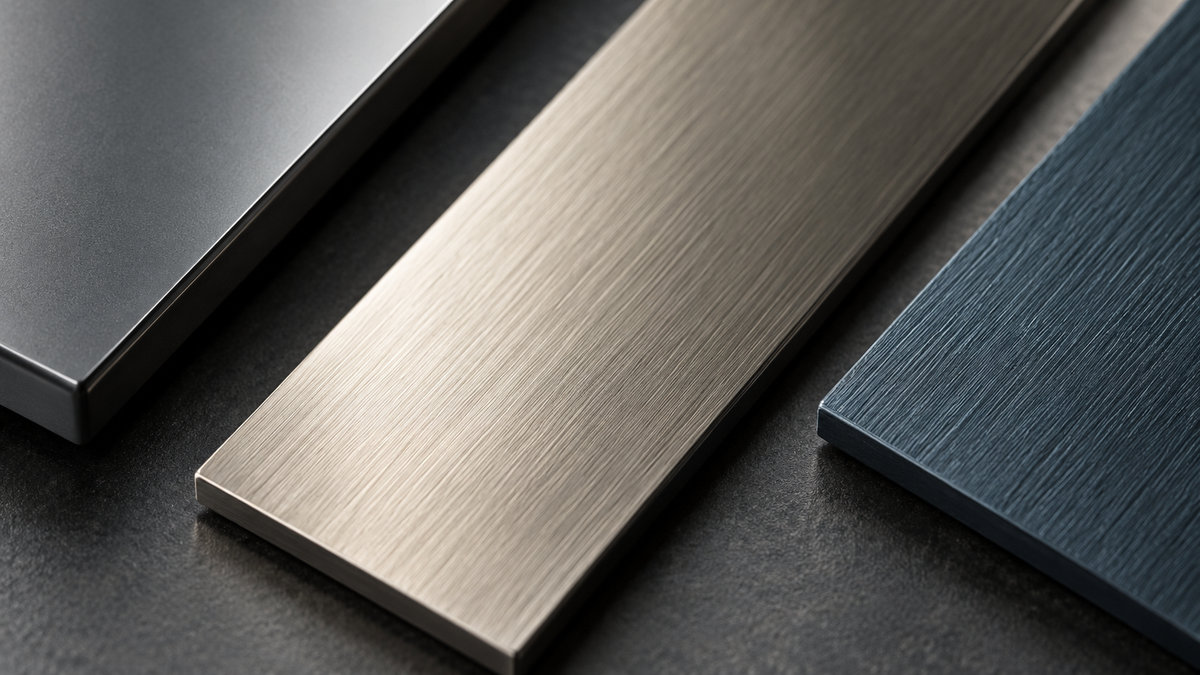 Metal material and finish samples showing different surface treatments