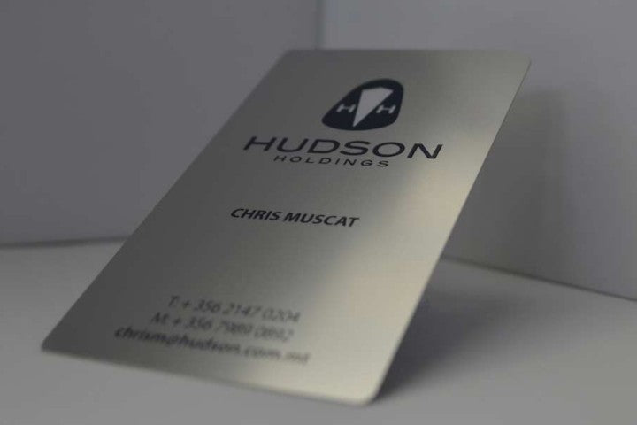 Matte silver stainless steel business card with black printed on design