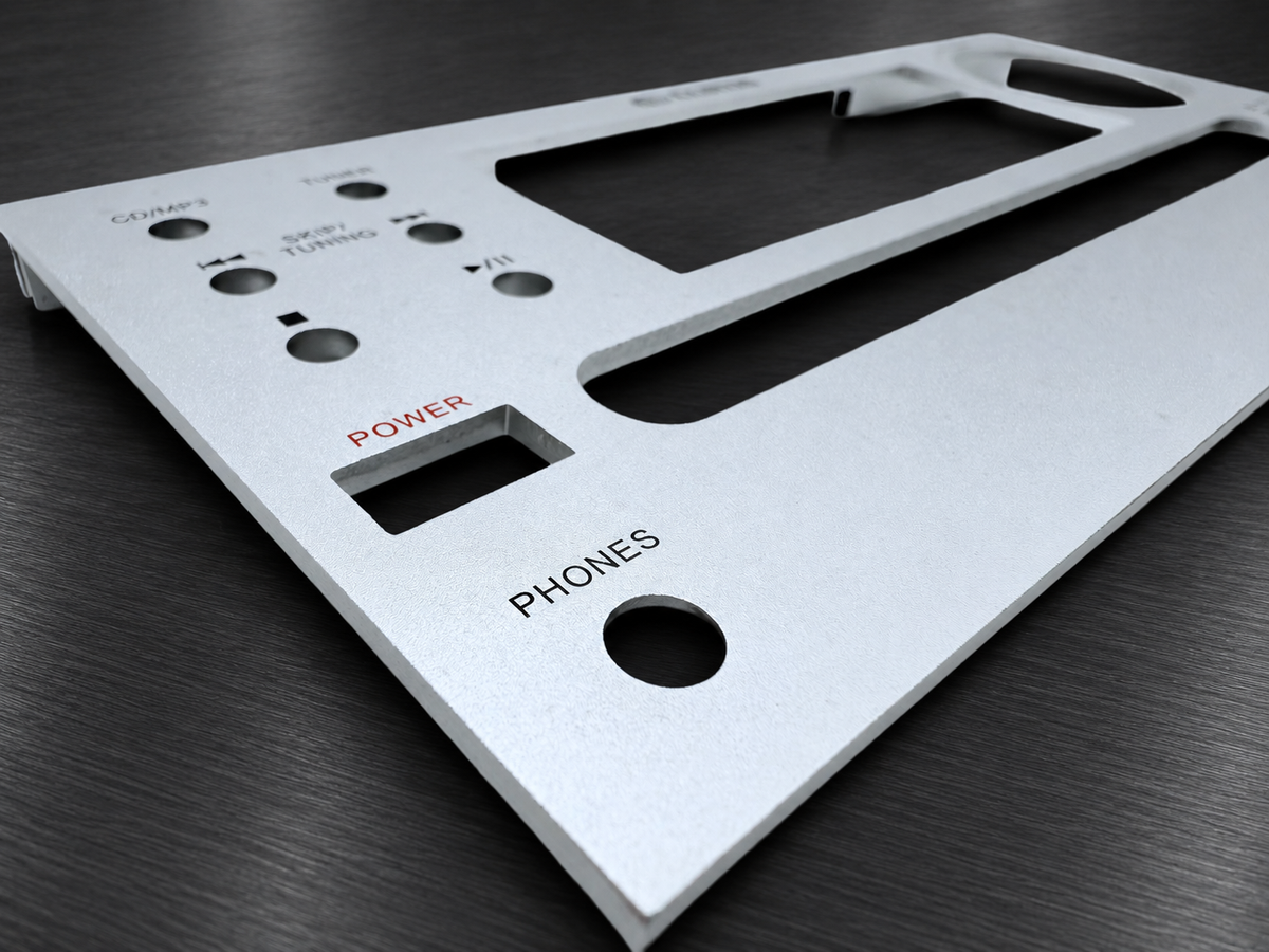 Custom aluminum faceplate with cutouts, openings, and printed control labels