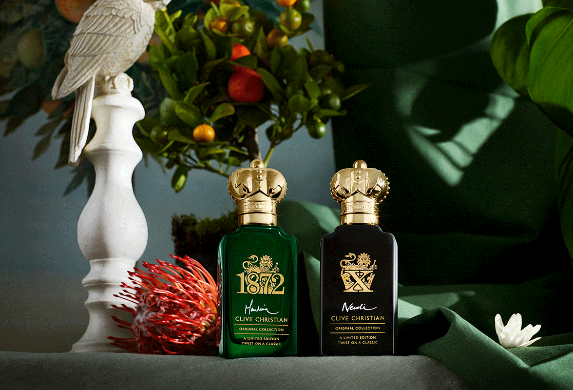 Luxury perfume bottles with gold foil labels. 