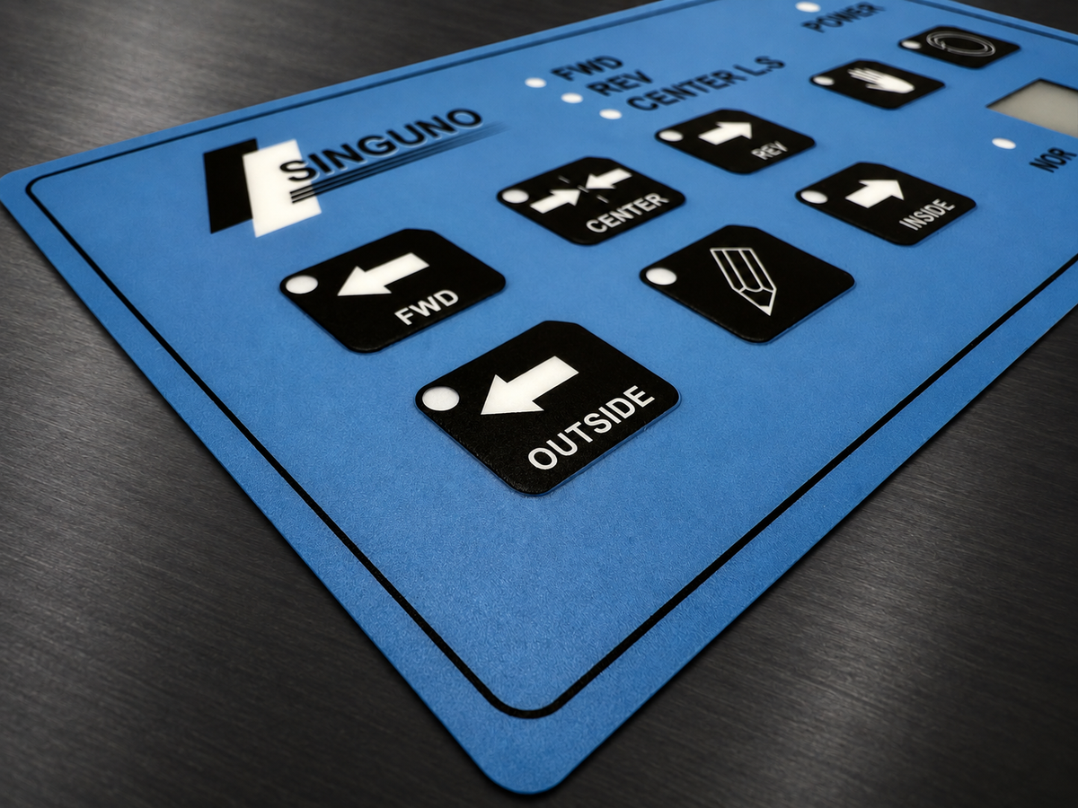 Blue graphic overlay with printed controls, icons, and button labels