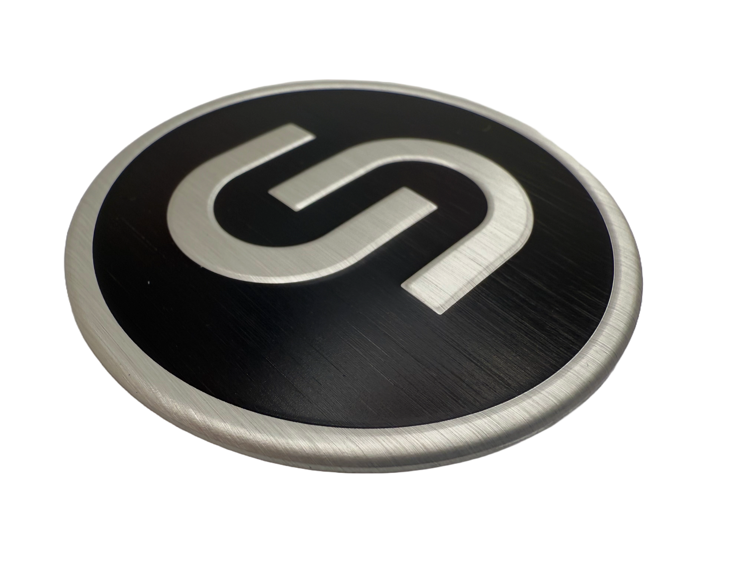 Aluminum badge with screen printing, embossing and hairline finish