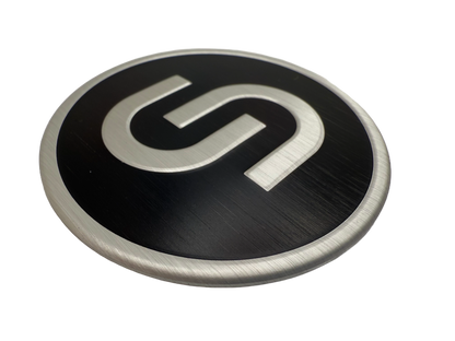 Aluminum badge with screen printing, embossing and hairline finish