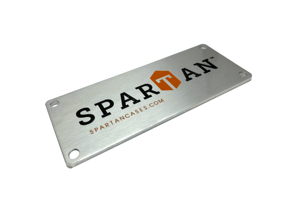 Custom nameplate with a screen printed surface used for case branding