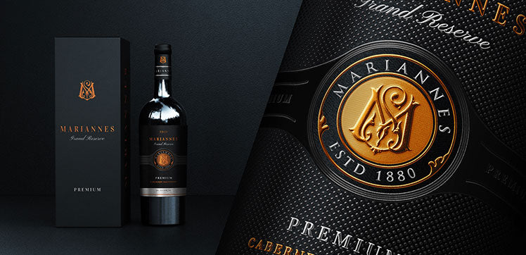Beautiful aluminum foil label with embossed surface in black and gold for wine bottles