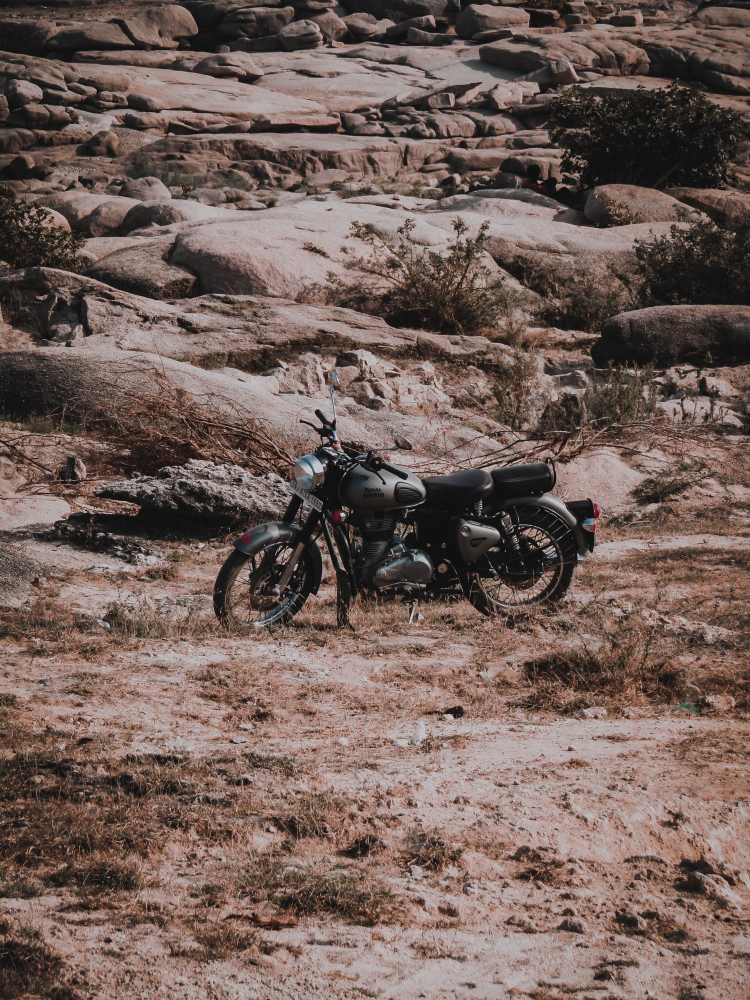 Motorcycle in the desert, displaying its branding